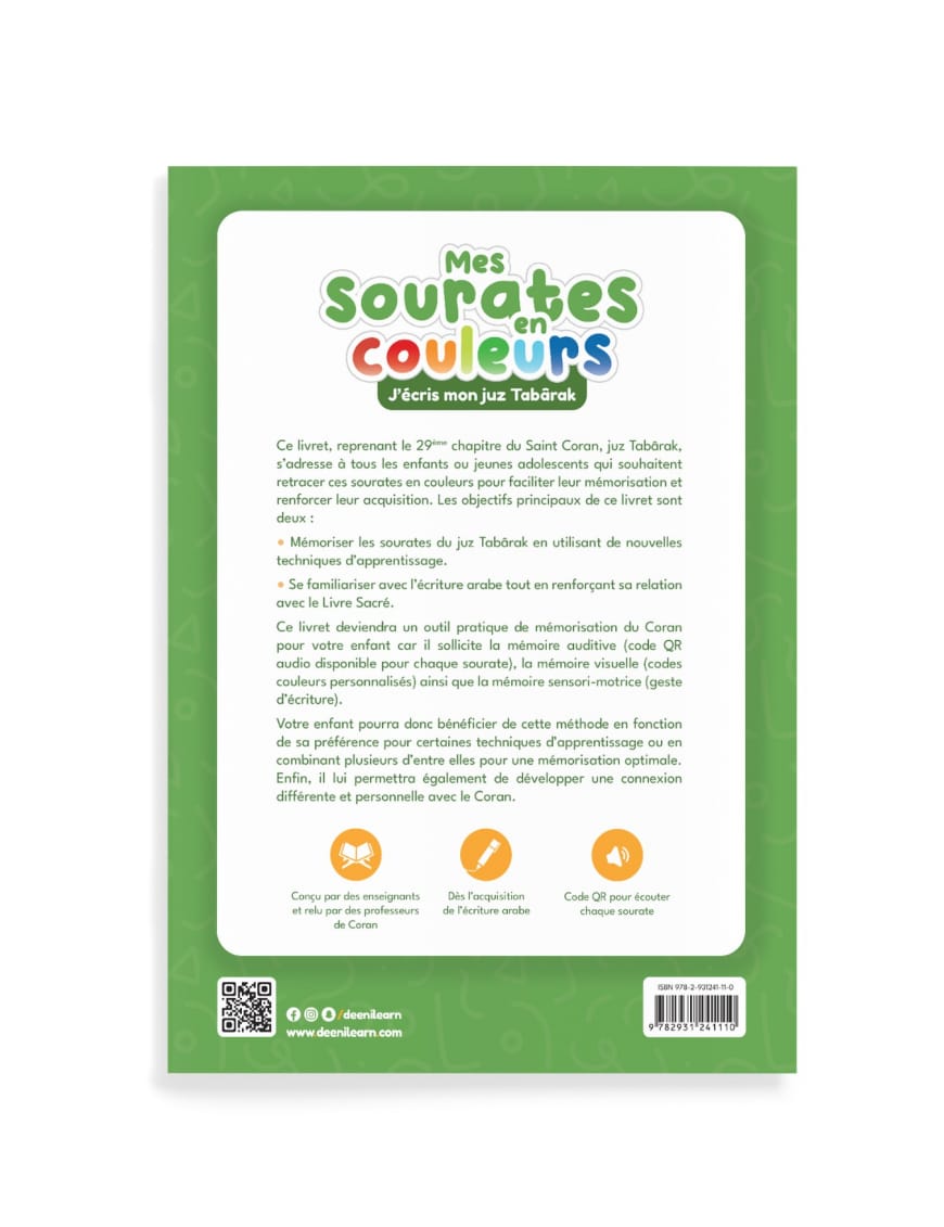 Mes sourates en couleurs - j'écris mon juz Tabarâk - couverture verte - DeeniLearn - DeeniLearn DeeniLearn Livre Islam Enfant 9782931241110 Librairie Musulmane Al-imen