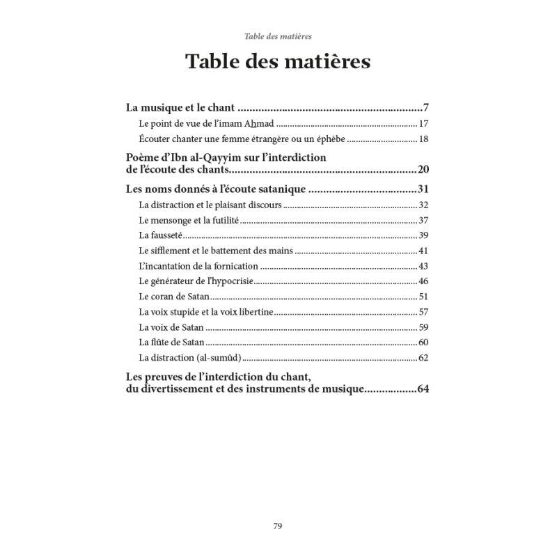 La musique & les chants par Ibn Qayyim al-Jawziyya - Éditions Al-Hadîth - Table des matières