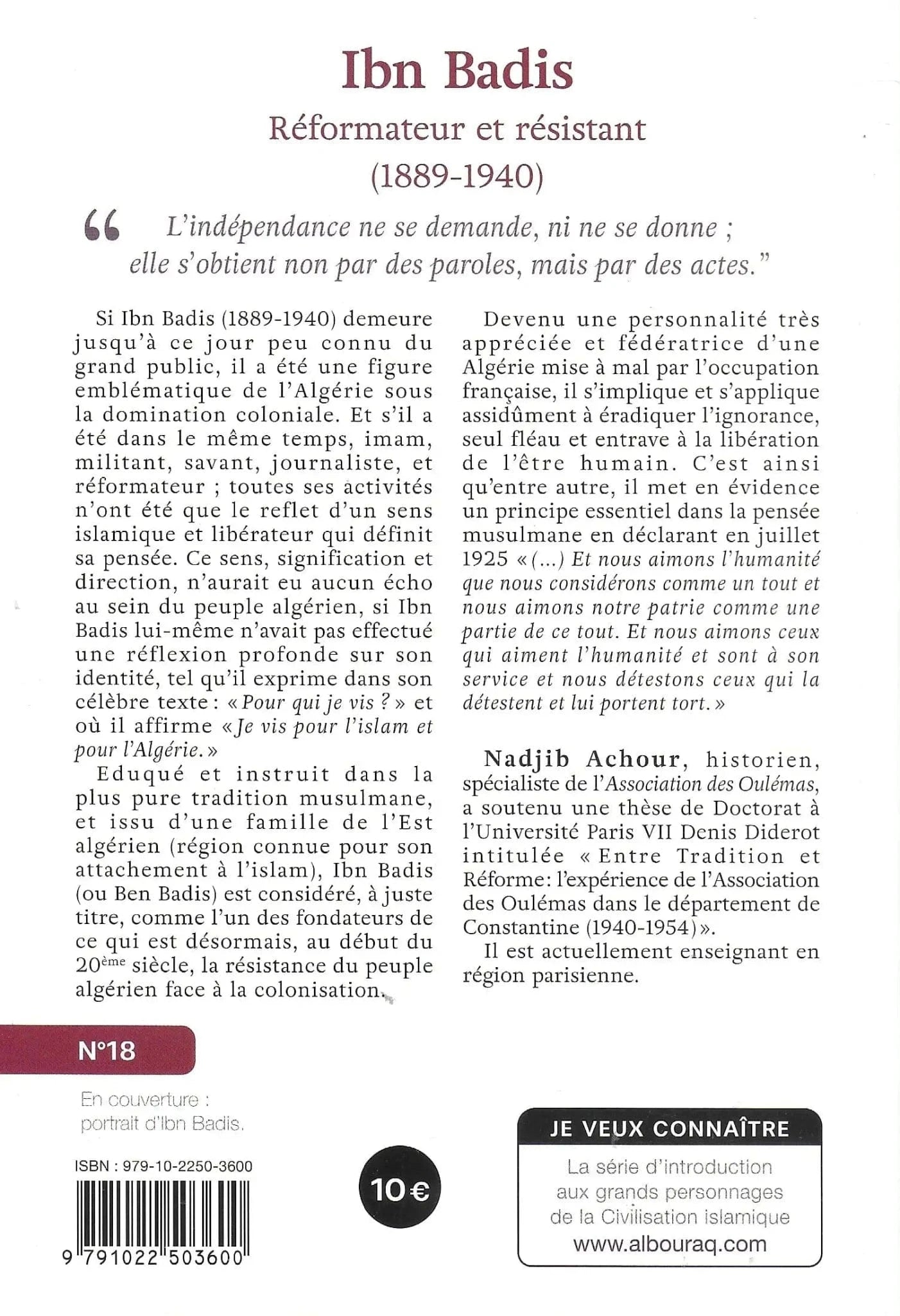 Ibn Badis – Réformateur et résistant de Nadjib Achour Al Bouraq Livre > Islam 9791022503600 Librairie Musulmane Al-imen