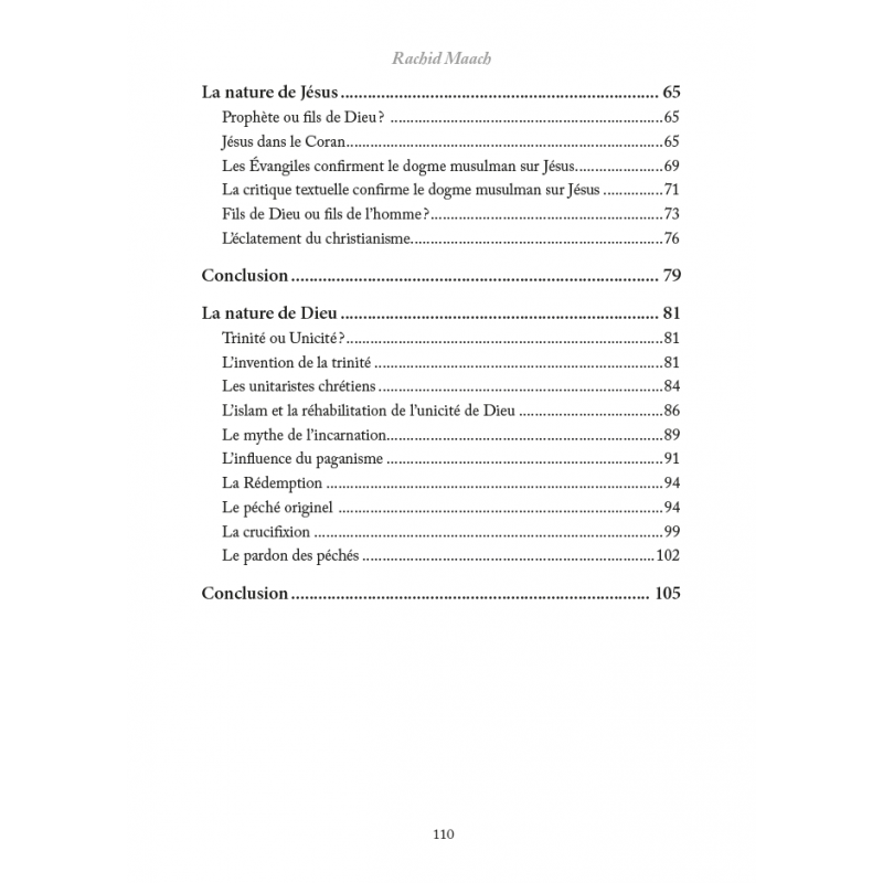 Suite de la Table des matières de Regard musulman sur le christianisme par Rachid Maach - Éditions Al hadith