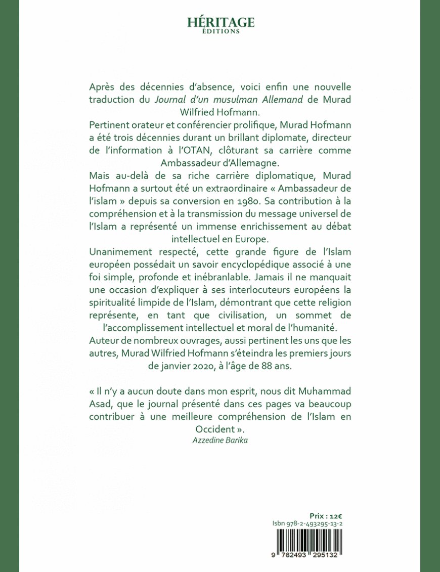 Journal d'un musulman Allemand - Murad Wilfried Hofmann - éditions Héritage - Al-Bayyinah Al-Bayyinah Livre > Islam > Essai 9782493295132 Librairie Musulmane Al-imen