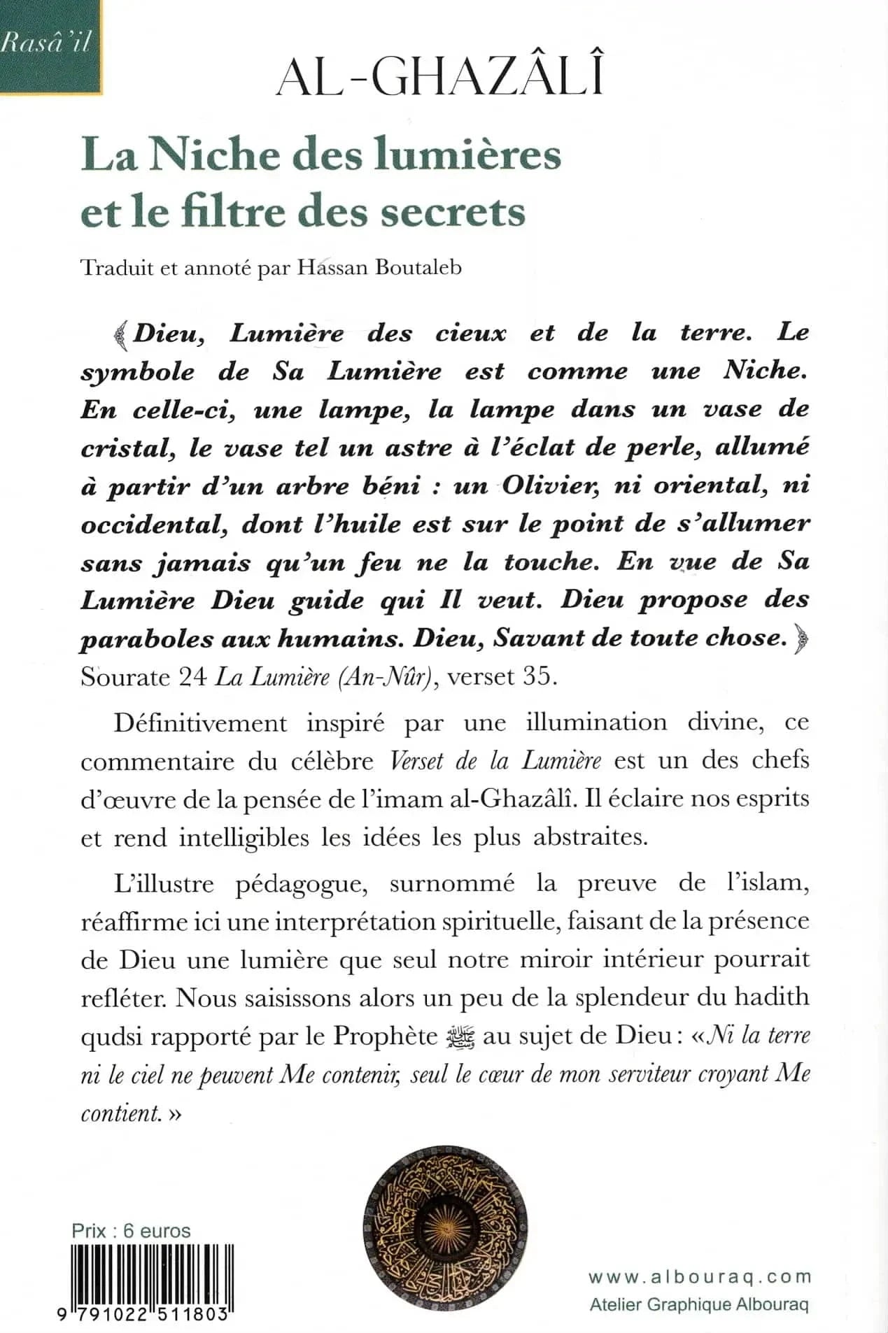 La Niche des lumières et le filtre des secrets (Bilingue/Poche) par Abu Hamid Al-Ghazali Al Bouraq Livre > Islam 9791022511803 Librairie Musulmane Al-imen