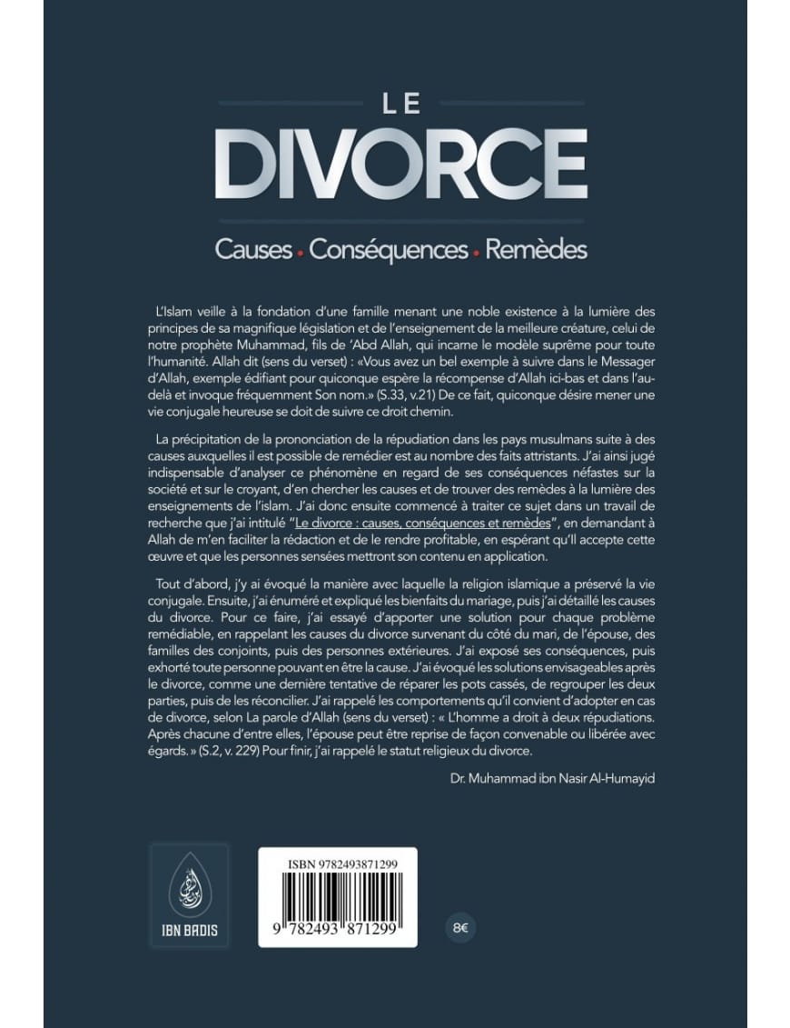 Le divorce : causes - conséquences – remèdes - Dr. Muhammad ibn Nasir Al-Humayid - Ibn Badis Ibn Badis Livre Islam Femme 9782917113387 Librairie Musulmane Al-imen