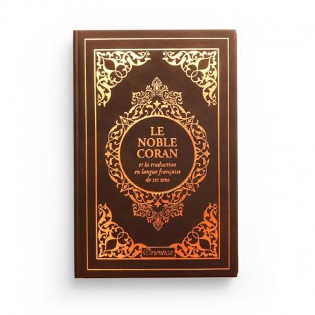 Le Noble Coran café marron doré et la traduction en langue française de ses sens - couverture cartonnée en daim - Coran par Orientica disponible chez Al - imen