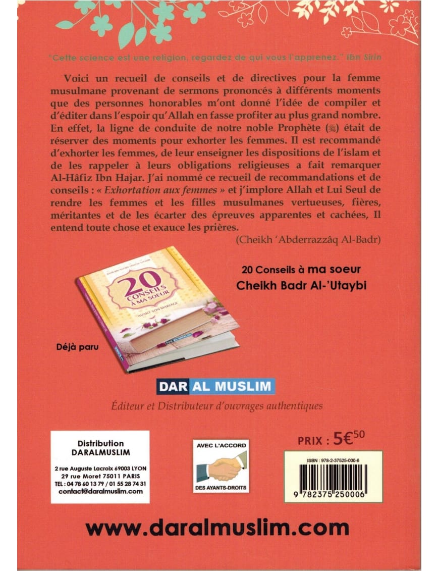 Pour toi ma sœur - Exhortations aux femmes - Shaykh Al-Badr - Dar Al-Muslim Dar Al-Muslim Livre Islam Femme 9782356354044 Librairie Musulmane Al-imen